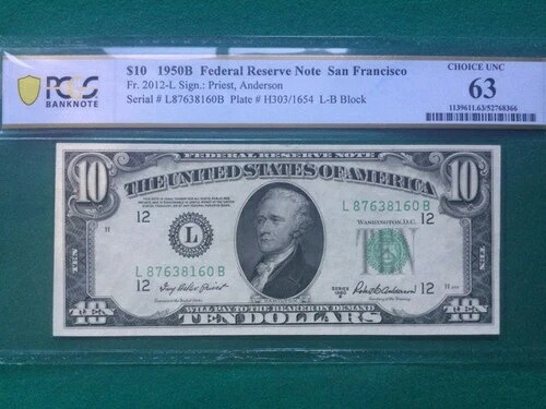 1950年B サンフランシスコ $10連邦準備銀行紙幣 PCGS-63-