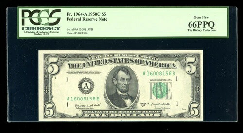 DBR 1950-C $5 FRN ボストン ジェム Fr. 1964-A PCGS 66 PPQ シリアル A16008158B