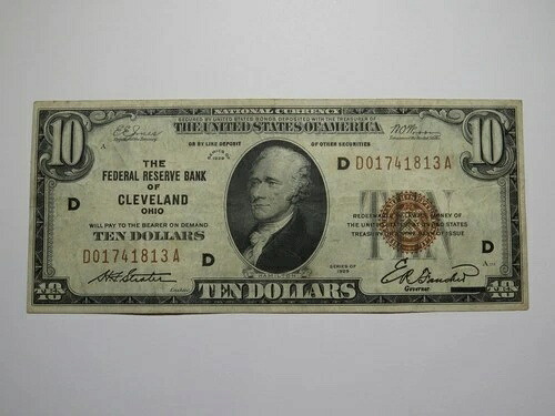 1929年 $10 クリーブランド オハイオ OH 国家通貨連邦準備銀行紙幣紙幣 VF- 35,750円
