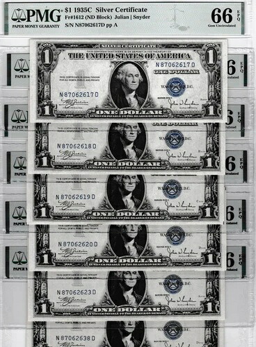 「1935年 C $1 シルバー証明書シリアル/N N 87062617-38 D PMG 66」-