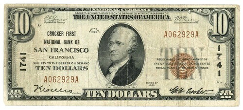 1929 Ty.1 クロッカーファースト NB サンフランシスコ、カリフォルニア州 $10 NBN Ch#1741 (59487)