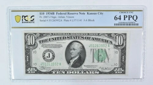 1934年 B $10 カンザスシティ MO FRN Fr#2007-J Choice unc 64 PPQ PCGS *5983-