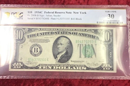 PCGS銀行券非常に良い 30 $10 1934C FRN ニューヨーク FR. 2008-B-