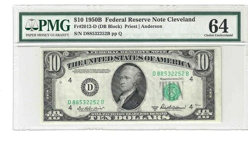 1950年B $10 連邦準備紙銀行幣 Cleveland FR.2012-D (DB ブロック) PMG64。-