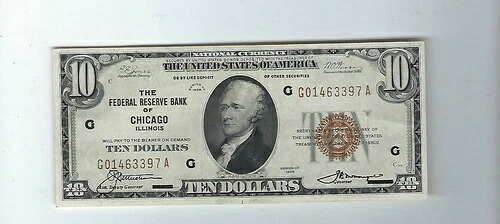 Fr#1860-G 1929年 $10 野球連盟準備銀行 Il S# G014637A EF-Au-