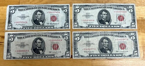 $5 レッドシールスターノート通貨 1953年 A/B & 1963年 4枚セット-