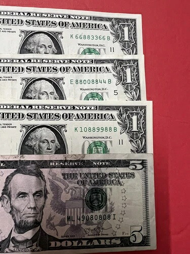 ファンシーシリアルナンバー(4)$1 $5 3ペアおよび4ペアの繰り返し番号。