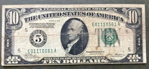 1928年 $10 FRN [] リッチモンド [] レア [] ゴールド/ビッグ5 ナンバーシール [] SN# E 01110561 A-