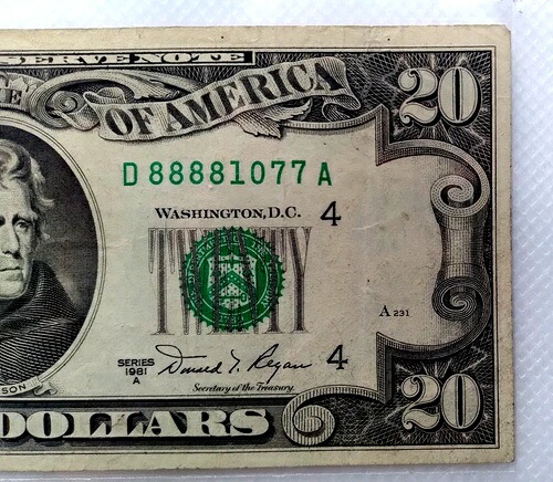 1981年A $20 連邦準備銀行紙幣 D88881077A ? クワッド 8 ファンシーシリアル番号 ? ラッキー 8 -