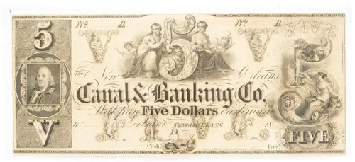 未発行 1800年代 $5 ニューオーリンズ Canal & Banking Co 銀行券-