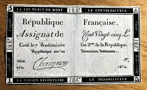1793 フランス革命 Assignat 125 Livres RADAR シリーズ 414 番号 1874 P # A74