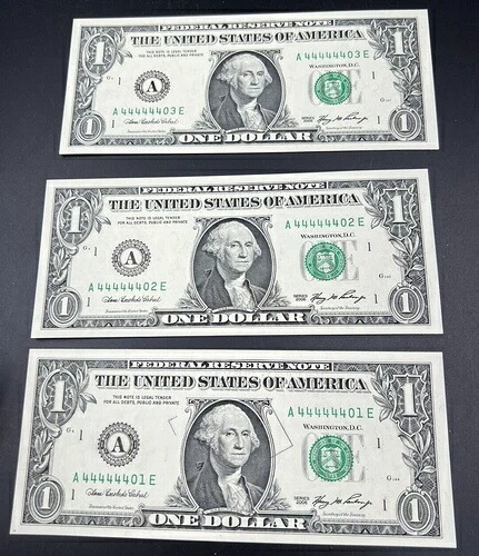 2006年製 $1 FRN SIXTUPLE REPEATER シリアル番号 44444401-3 CH UNC 3連