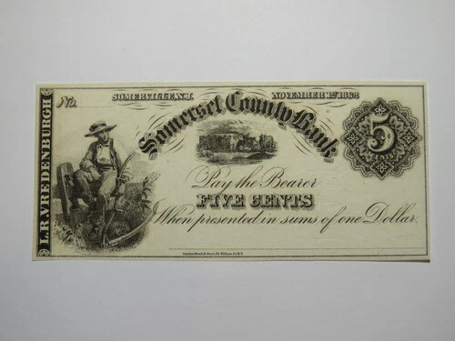 1862年 ニュージャージー州サマービルの5セント紙幣（廃止） サマセット UNC+++