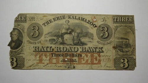 $3 1838 エイドリアン・ミシガン MI 廃止通貨券 銀行券 ビル・エリー & カラマズー- 35,750円