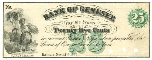 1862年 ジェネシー銀行 バタビア ニューヨーク NY 25セント 廃止紙幣 (64411)
