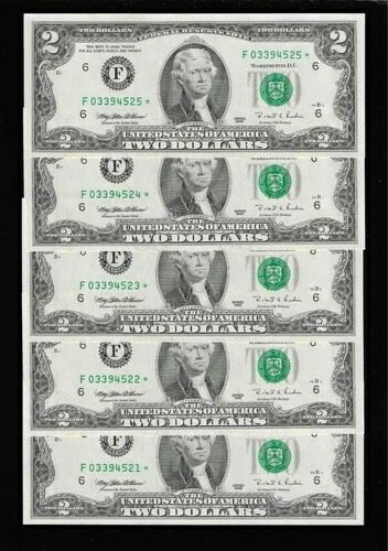 1995 $2 アトランタ F スターノート 5枚 SEQ. スタービル F 0 3 3 9 4 5 2 1 -2 5 * CU