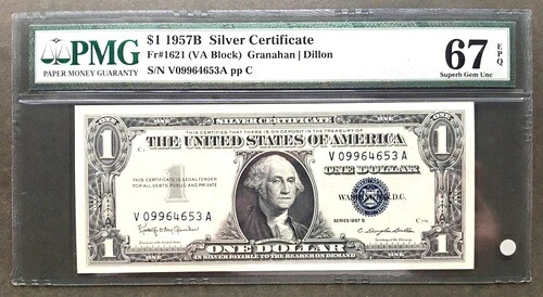 1957年B $1 シルバー証明書??ブルーシール?? PMG 67 EPQ Superb Gem # V 09964653 A-