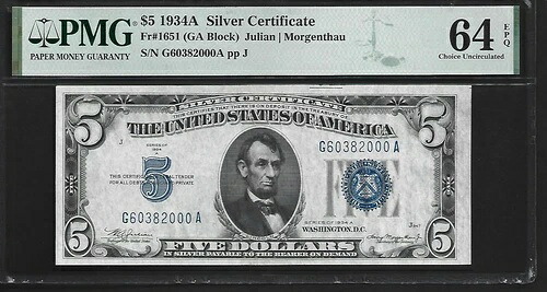 US $5 1934A PMG 64 UNC Fr #1651 銀証明書 ジュリアン/モーゲンソー