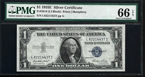 US 1 $ 1935E PMG 66 EPQ UNC Fr #1614 シルバー証明書 プリースト/ハンフリー