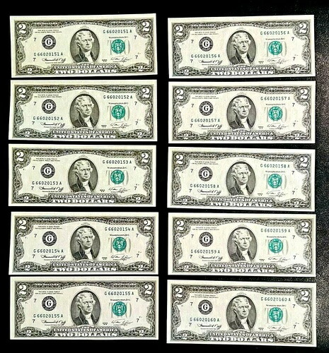 10連 1976年（シカゴ） $2.00 米国連邦準備銀行紙幣 クリスプアンカーキュレート-