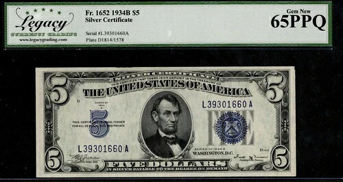 1934-B シルバー証明書 1652年 5ドル ブルーシール L-A ブロック LCGS ジェム 65PPQ