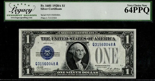 1ドル 1928-A シルバー証明書 Fr. 1601 ファニーバック Q-A ブロック ブルーシール LCGS Ch 新品 64PPQ