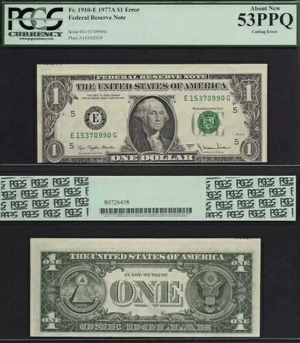 1ドル 1977-A FRN シート番号付きカッティングエラー PCGS 新品 53PPQ