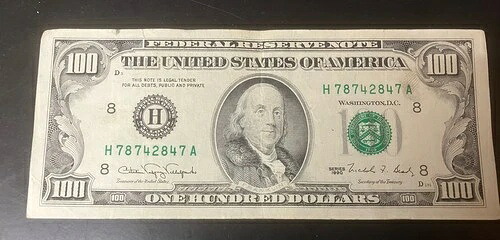 ビンテージ $100 スモールヘッド連邦準備銀行紙幣 1990 シリーズ シリーズ いいえ。 H78742847A-
