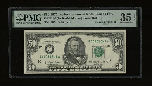 DBR 1977 $50 FRN カンザスシティ Fr. 2119-J PMG 35 EPQ シリアル J06781546A