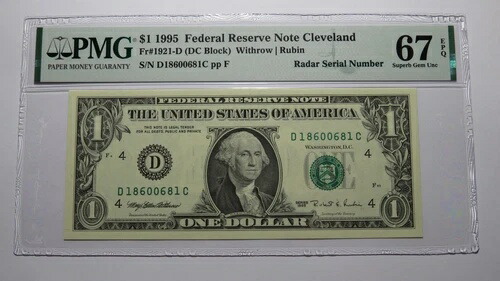 1ドル 1995年 レーダー シリアル番号 連邦準備銀行紙幣 PMG UNC67EPQ 43,560円