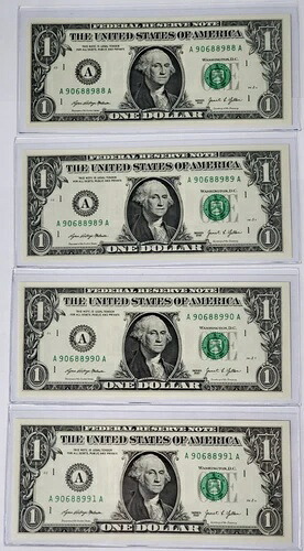 連続ファンシーシリアルナンバー付きフリッパー 4枚セット $1 2021年紙幣 906889[88-91] UNC