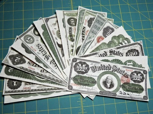 1862年および1863年の法定通貨の完全セットの複製、米国通貨の紙幣のコピー
