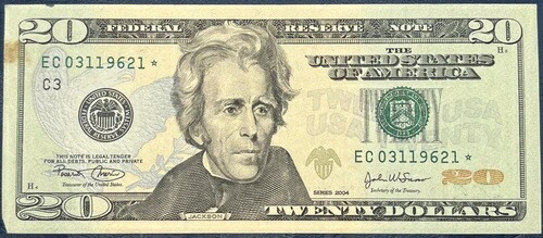 * エラー交換紙幣 2004 $20 FRN グリーンシール - STAR 法定通貨 CIRC 9621*