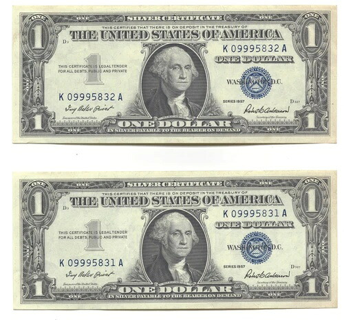 ??1957年 $1シルバー証明書?? UNC連続ペア??クリスレアコレクターグッズ??-