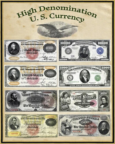 米国高額通貨ポスター 16インチx 20インチ $10,000 thru $500 (クレジットを参照)-