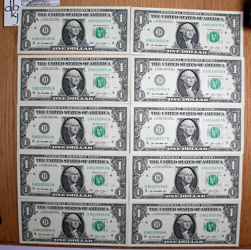 10枚セット - 2013年 $1 FRN - クリーブランド - Fr 3001D - ファンシーシリアルナンバー - 鮮明な未使用品