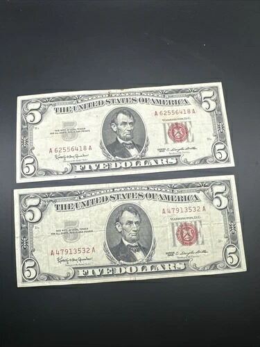 (2) 1963年 $5米国法定通貨紙幣レッドシール-AAブロック-D311ロット-