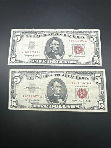 (2) 1963年 $5米国法定通貨紙幣レッドシールブロック-AA - D317 ロット- 26,400円