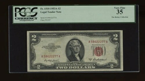 DBR 1953-A $2 リーガル Fr. 1510 PCGS 35 シリアル A58622277A