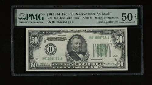 DBR 1934年 $50 DGS FRN セントルイス神父2102-Hdgs PMG AU-50 EPQ 続 H01559765A-｜WORLD RESOURCE【QUEEN店】