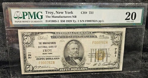 レア 1929年 国定通貨紙幣 $50 トロイ ニューヨークグレード 20 \