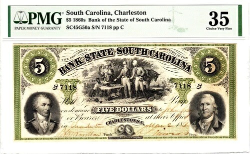 1860年代 $5 チャールストン、SC-サウスカロライナ銀行PMGチョイス非常に良い 30刻印!-