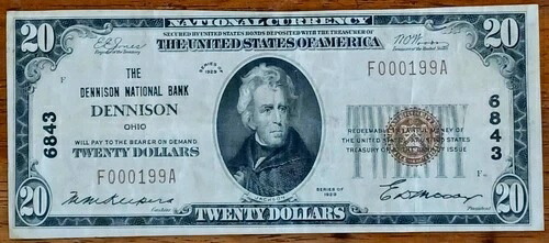1929年 $20 デニソン国立銀行 デニソン オハイオ州 6843 ローシリアル #199-レア!-