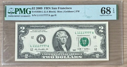 $2 US 2009 バイナリークワッド ダブル紙幣ファンシー シリアル番号 11117777-PMG 68 EPQ-