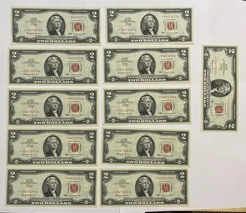 米国 - 11 Cons. #'d シリーズ STAR 1963 $2.00 赤色米国紙幣（高グレード）