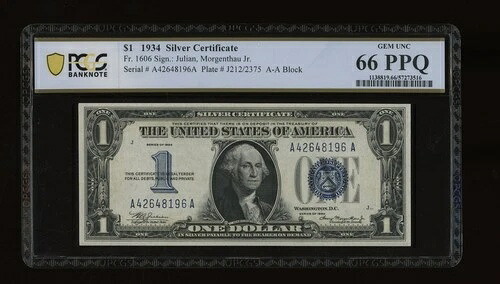 DBR 1934年 $1 シルバーファニーバック Fr. 1606 AA ブロック ジェム PCGS-B 66 PPQ Ser A42648196A-