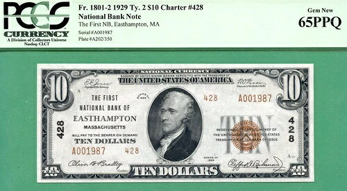 ファンシーイヤー シリアル 1987 - 1929年 $10 NBN-ファーストNAT 銀行イースタンプトン-PCGS gem 65-