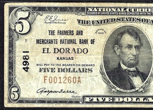 ???? KS 1929年 $5 ??EL DORADO、カンザス?? PMG 非常に良い 20-