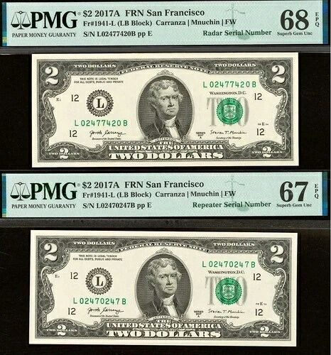 2017A $2 FRN PMG 68EPQ - マッチングレーダーリピーターシリアル番号 02470247