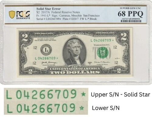 2017A スター $2 2 ドル PCGS グレード ジェム 68ppq ソリッド/スター充填エラーノート レア-